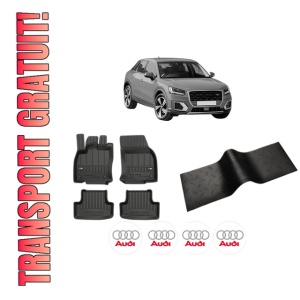 Set 5 covorase auto AUDI Q2 (GAB, GAG) din 2014-2020, cu covoras tunel median, presuri auto din cauciuc, 4x Stickere auto cu AUDI