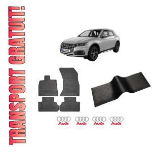 Set 5 covorase auto AUDI Q5 (FYB, FYG) din 2010-2014, cu covoras tunel median, presuri auto din cauciuc, 4x Stickere auto cu AUDI