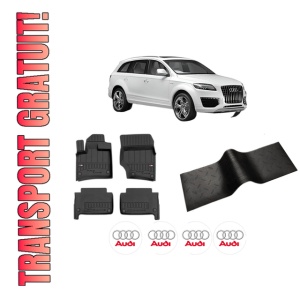 Set 5 covorase auto AUDI Q7 (4LB) din 2004-2008, cu covoras tunel median, presuri auto din cauciuc, 4x Stickere auto cu AUDI