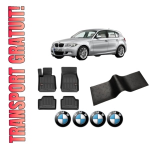 Set 5 covorase auto BMW Seria 1 (E87) din 2004-2011, cu covoras tunel median, presuri auto din cauciuc, 4x Stickere auto cu BMW