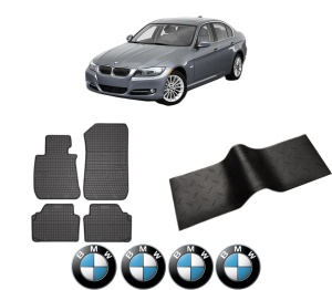 Set 5 covorase auto BMW Seria 3 (E90) din 1998-2010, cu covoras tunel median, presuri auto din cauciuc, 4x Stickere auto cu BMW - Img 2