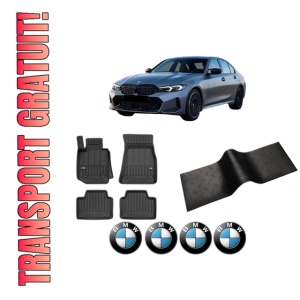 Set 5 covorase auto BMW Seria 3 (G20, G80, G28) din 2016-2020, cu covoras tunel median, presuri auto din cauciuc, 4x Stickere auto cu BMW