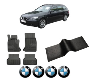 Set 5 covorase auto BMW Seria 5 Touring (E61) din 2008-2015, cu covoras tunel median, presuri auto din cauciuc, 4x Stickere auto cu BMW - Img 2
