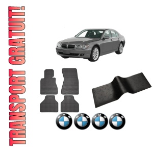 Set 5 covorase auto BMW Seria 7 (E65, E66, E67) din 2015-2021, cu covoras tunel median, presuri auto din cauciuc, 4x Stickere auto cu BMW