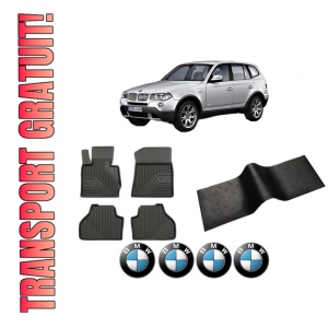 Set 5 covorase auto BMW Seria X3 (E83) din 2010-2015, cu covoras tunel median, presuri auto din cauciuc, 4x Stickere auto cu BMW