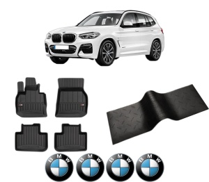 Set 5 covorase auto BMW Seria X3 (G01, F97, G08) din 2007-2015, cu covoras tunel median, presuri auto din cauciuc, 4x Stickere auto cu BMW - Img 2