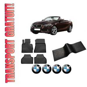 Set 5 covorase auto BMW Seria X4 (F26) din 2012-2017, cu covoras tunel median, presuri auto din cauciuc, 4x Stickere auto cu BMW