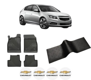 Set 5 covorase auto CHEVROLET CRUZE Hatchback (J305) din 2001-2010, cu covoras tunel median, presuri auto din cauciuc, 4x Stickere auto cu CHEVROLET - Img 2