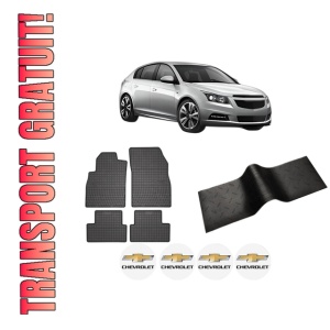 Set 5 covorase auto CHEVROLET CRUZE Hatchback (J305) din 2001-2010, cu covoras tunel median, presuri auto din cauciuc, 4x Stickere auto cu CHEVROLET
