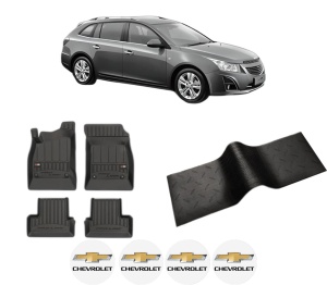 Set 5 covorase auto CHEVROLET CRUZE Station Wagon (J308) din 2004-2010, cu covoras tunel median, presuri auto din cauciuc, 4x Stickere auto cu CHEVROLET - Img 2