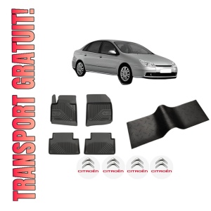 Set 5 covorase auto CITROEN C5 II (RC_) din 2002-2008, cu covoras tunel median, presuri auto din cauciuc, 4x Stickere auto cu CITROEN