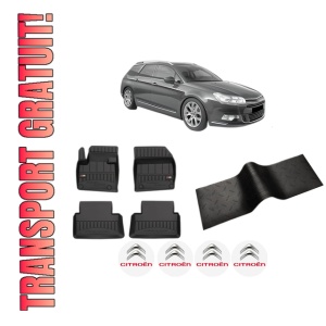 Set 5 covorase auto CITROEN C5 III Break (RW_) din 2010-2018, cu covoras tunel median, presuri auto din cauciuc, 4x Stickere auto cu CITROEN