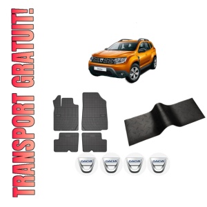 Set 5 covorase auto DACIA DUSTER SUV Van din 2006-2014, cu covoras tunel median, presuri auto din cauciuc, 4x Stickere auto cu DACIA