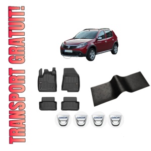 Set 5 covorase auto DACIA SANDERO din 2007-2010, cu covoras tunel median, presuri auto din cauciuc, 4x Stickere auto cu DACIA
