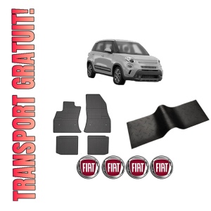 Set 5 covorase auto FIAT 500L (351_, 352_) din 2014-2020, cu covoras tunel median, presuri auto din cauciuc, 4x Stickere auto cu FIAT