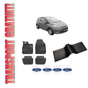 Set 5 covorase auto FORD FIESTA VI (CB1, CCN) din 2014-2022, cu covoras tunel median, presuri auto din cauciuc, 4x Stickere auto cu FORD