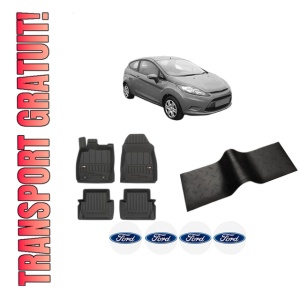Set 5 covorase auto FORD FIESTA VI (CB1, CCN) din 2014-2022, cu covoras tunel median, presuri auto din cauciuc, 4x Stickere auto cu FORD