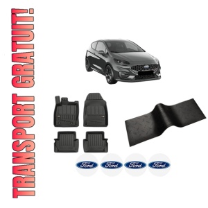 Set 5 covorase auto FORD FIESTA VII (HJ, HF) din 2014-2018, cu covoras tunel median, presuri auto din cauciuc, 4x Stickere auto cu FORD