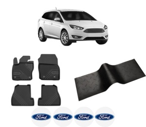 Set 5 covorase auto FORD FOCUS III Estate Van din 2014-2019, cu covoras tunel median, presuri auto din cauciuc, 4x Stickere auto cu FORD - Img 2