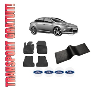 Set 5 covorase auto FORD FOCUS III Saloon din 2017-2023, cu covoras tunel median, presuri auto din cauciuc, 4x Stickere auto cu FORD