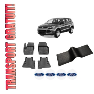 Set 5 covorase auto FORD KUGA II VAN din 2018-2023, cu covoras tunel median, presuri auto din cauciuc, 4x Stickere auto cu FORD