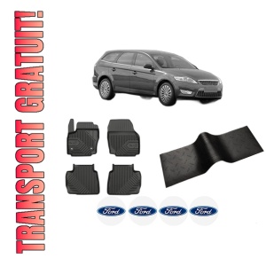Set 5 covorase auto FORD MONDEO IV Turnier (BA7) din 2012-2019, cu covoras tunel median, presuri auto din cauciuc, 4x Stickere auto cu FORD