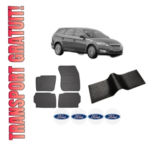 Set 5 covorase auto FORD MONDEO IV Turnier (BA7) din 2012-2019, cu covoras tunel median, presuri auto din cauciuc, 4x Stickere auto cu FORD