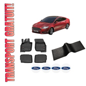 Set 5 covorase auto FORD MONDEO V Hatchback (CE) din 2015-2024, cu covoras tunel median, presuri auto din cauciuc, 4x Stickere auto cu FORD