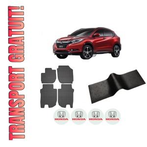 Set 5 covorase auto HONDA HR-V (RU) din 1998-2013, cu covoras tunel median, presuri auto din cauciuc, 4x Stickere auto cu HONDA