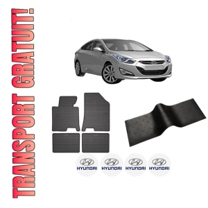 Set 5 covorase auto HYUNDAI i40 I (VF) din 2008-2017, cu covoras tunel median, presuri auto din cauciuc, 4x Stickere auto cu HYUNDAI