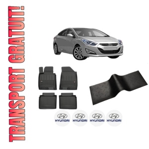 Set 5 covorase auto HYUNDAI i40 I (VF) din 2008-2017, cu covoras tunel median, presuri auto din cauciuc, 4x Stickere auto cu HYUNDAI
