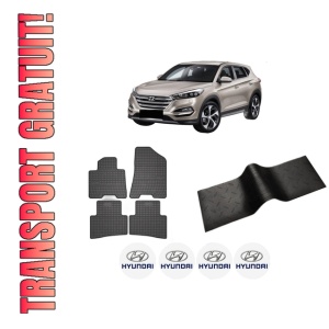 Set 5 covorase auto HYUNDAI TUCSON SUV Van (TLE) din 2005-2015, cu covoras tunel median, presuri auto din cauciuc, 4x Stickere auto cu HYUNDAI