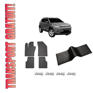 Set 5 covorase auto JEEP COMPASS (MP, M6, MV, M7) din 2008-2017, cu covoras tunel median, presuri auto din cauciuc, 4x Stickere auto cu JEEP
