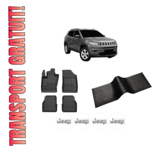 Set 5 covorase auto JEEP COMPASS (MP, M6, MV, M7) din 2008-2017, cu covoras tunel median, presuri auto din cauciuc, 4x Stickere auto cu JEEP