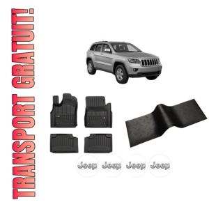 Set 5 covorase auto JEEP GRAND CHEROKEE IV (WK, WK2) din 2012-2017, cu covoras tunel median, presuri auto din cauciuc, 4x Stickere auto cu JEEP