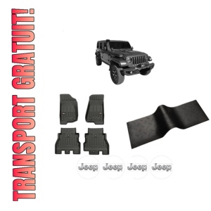 Set 5 covorase auto JEEP WRANGLER IV (JL) din 2013-2018, cu covoras tunel median, presuri auto din cauciuc, 4x Stickere auto cu JEEP