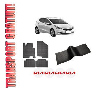 Set 5 covorase auto KIA CEE'D (JD) din 2013-2019, cu covoras tunel median, presuri auto din cauciuc, 4x Stickere auto cu KIA
