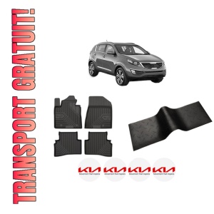 Set 5 covorase auto KIA SPORTAGE III (SL) din 2010-2023, cu covoras tunel median, presuri auto din cauciuc, 4x Stickere auto cu KIA