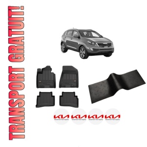 Set 5 covorase auto KIA SPORTAGE III (SL) din 2010-2023, cu covoras tunel median, presuri auto din cauciuc, 4x Stickere auto cu KIA