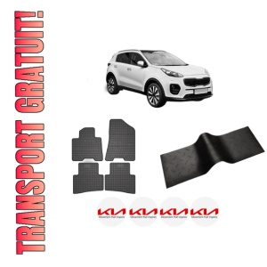 Set 5 covorase auto KIA SPORTAGE IV (QL, QLE) din 2011-2019, cu covoras tunel median, presuri auto din cauciuc, 4x Stickere auto cu KIA