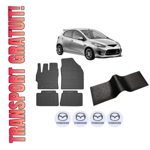 Set 5 covorase auto MAZDA 2 (DE_, DH_) din 2007-2018, cu covoras tunel median, presuri auto din cauciuc, 4x Stickere auto cu MAZDA