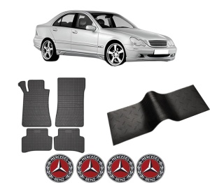 Set 5 covorase auto MERCEDES-BENZ C-CLASS (W203) din 2016-2023, cu covoras tunel median, presuri auto din cauciuc, 4x Stickere auto cu MERCEDES-BENZ - Img 2