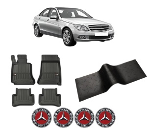 Set 5 covorase auto MERCEDES-BENZ C-CLASS (W204) din 2008-2018, cu covoras tunel median, presuri auto din cauciuc, 4x Stickere auto cu MERCEDES-BENZ - Img 2