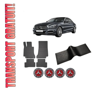 Set 5 covorase auto MERCEDES-BENZ C-CLASS (W205) din 2016-2020, cu covoras tunel median, presuri auto din cauciuc, 4x Stickere auto cu MERCEDES-BENZ