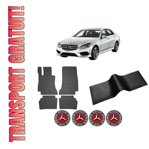 Set 5 covorase auto MERCEDES-BENZ E-CLASS (W213) din 2013-2016, cu covoras tunel median, presuri auto din cauciuc, 4x Stickere auto cu MERCEDES-BENZ