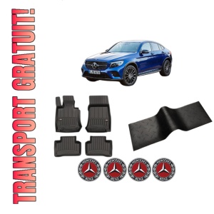 Set 5 covorase auto MERCEDES-BENZ GLC Coupe (C253) din 2009-2017, cu covoras tunel median, presuri auto din cauciuc, 4x Stickere auto cu MERCEDES-BENZ