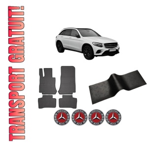 Set 5 covorase auto MERCEDES-BENZ GLC (X253) din 2004-2013, cu covoras tunel median, presuri auto din cauciuc, 4x Stickere auto cu MERCEDES-BENZ