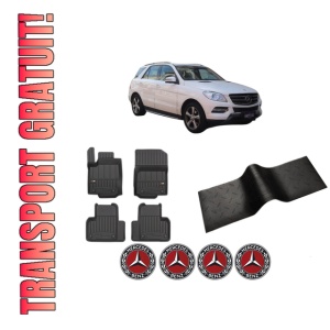 Set 5 covorase auto MERCEDES-BENZ M-CLASS (W166) din 2004-2011, cu covoras tunel median, presuri auto din cauciuc, 4x Stickere auto cu MERCEDES-BENZ