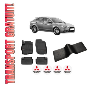 Set 5 covorase auto MITSUBISHI LANCER VIII Sportback (CX_A) din 2018-2023, cu covoras tunel median, presuri auto din cauciuc, 4x Stickere auto cu MITSUBISHI