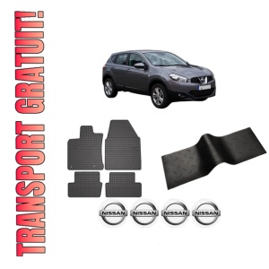 Set 5 covorase auto NISSAN QASHQAI I VAN (J10) din 2012-2019, cu covoras tunel median, presuri auto din cauciuc, 4x Stickere auto cu NISSAN